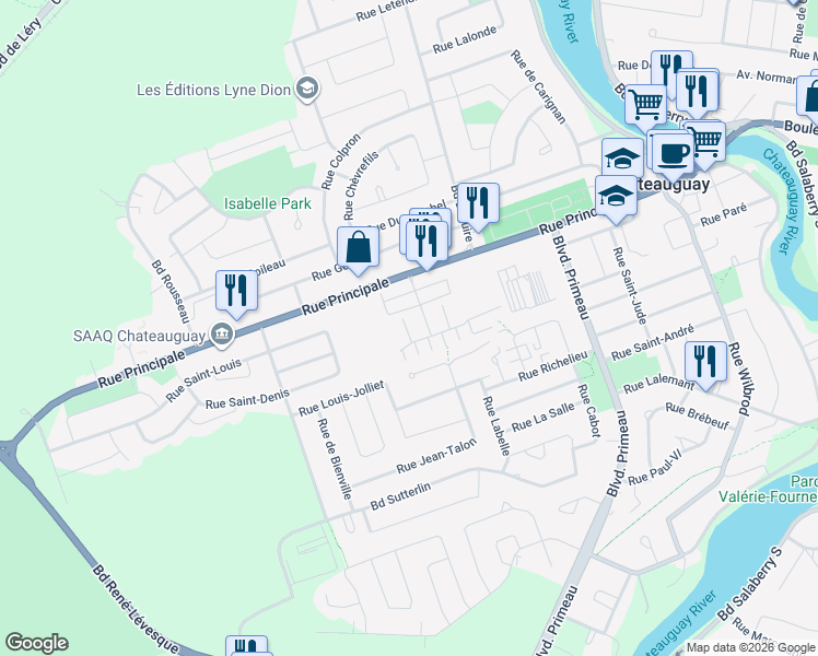map of restaurants, bars, coffee shops, grocery stores, and more near 155 Rue de la Maçonnerie in Châteauguay