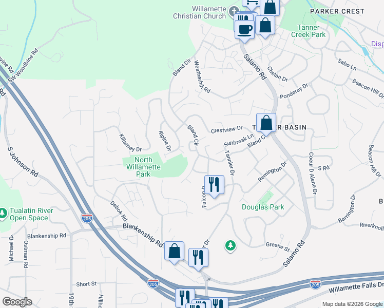 map of restaurants, bars, coffee shops, grocery stores, and more near 2268 Saint Moritz Loop in West Linn