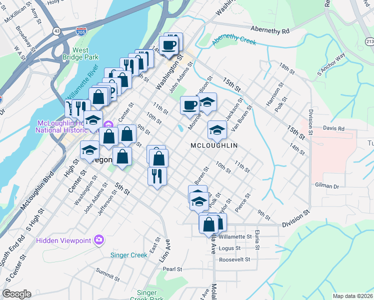 map of restaurants, bars, coffee shops, grocery stores, and more near 816 John Quincy Adams Street in Oregon City