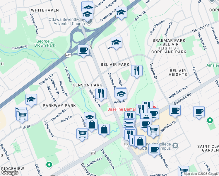 map of restaurants, bars, coffee shops, grocery stores, and more near in Ottawa