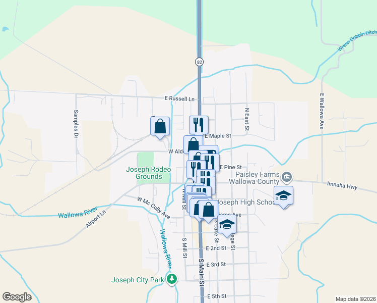 map of restaurants, bars, coffee shops, grocery stores, and more near 102 West Alder Street in Joseph