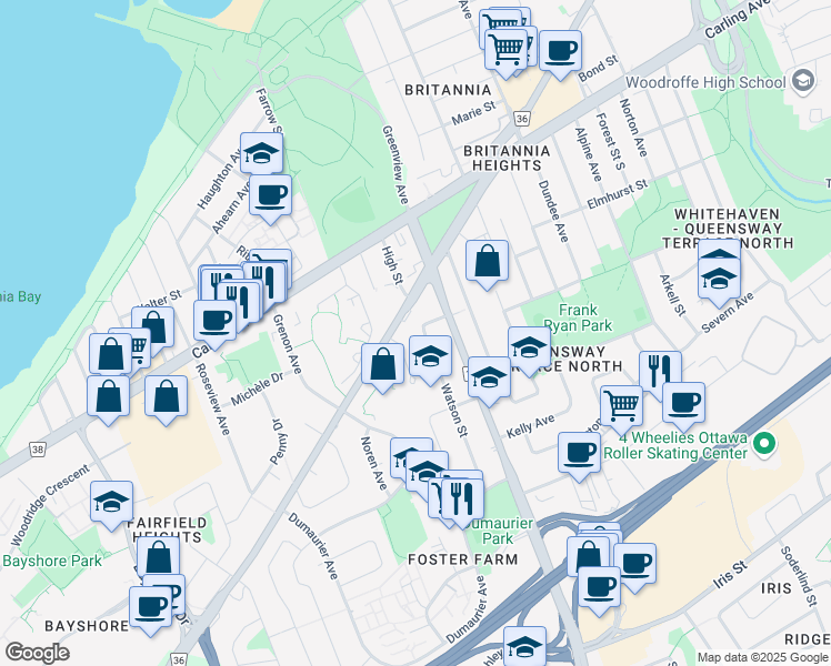 map of restaurants, bars, coffee shops, grocery stores, and more near 886 Watson Street in Ottawa