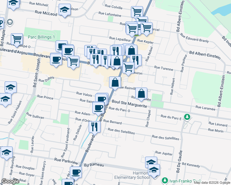 map of restaurants, bars, coffee shops, grocery stores, and more near 134 Boulevard Saint-Jean-Baptiste in Châteauguay