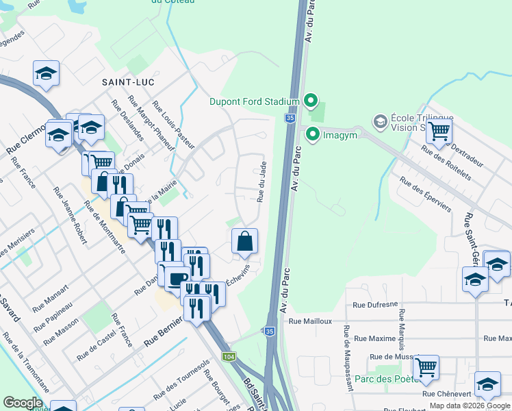 map of restaurants, bars, coffee shops, grocery stores, and more near 28 Rue du Jade in Saint-Jean-sur-Richelieu