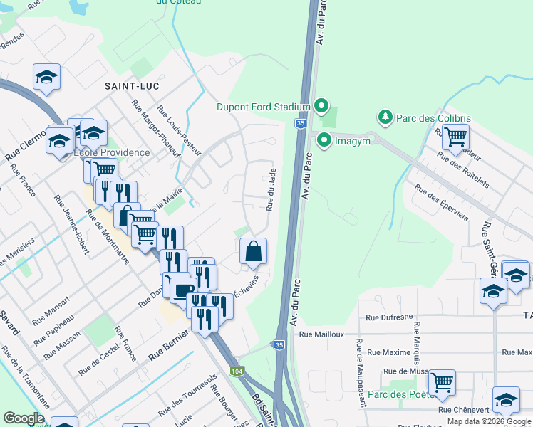 map of restaurants, bars, coffee shops, grocery stores, and more near 30 Rue du Jade in Saint-Jean-sur-Richelieu
