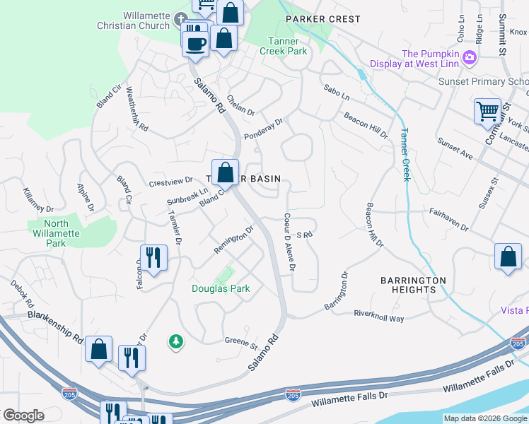 map of restaurants, bars, coffee shops, grocery stores, and more near 3555 Vista Ridge Drive in West Linn