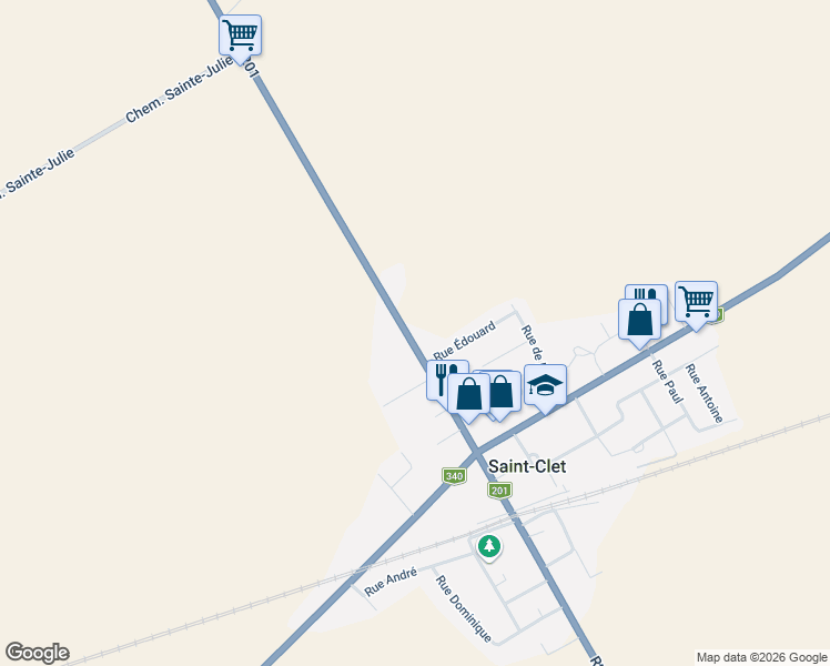 map of restaurants, bars, coffee shops, grocery stores, and more near 672 Québec 201 in Saint-Clet