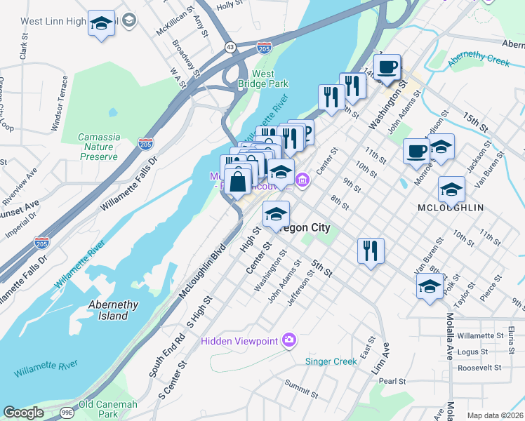 map of restaurants, bars, coffee shops, grocery stores, and more near 610 Main Street in Oregon City