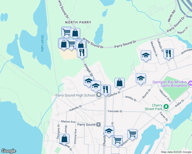 map of restaurants, bars, coffee shops, grocery stores, and more near 17 Joseph Street in Parry Sound