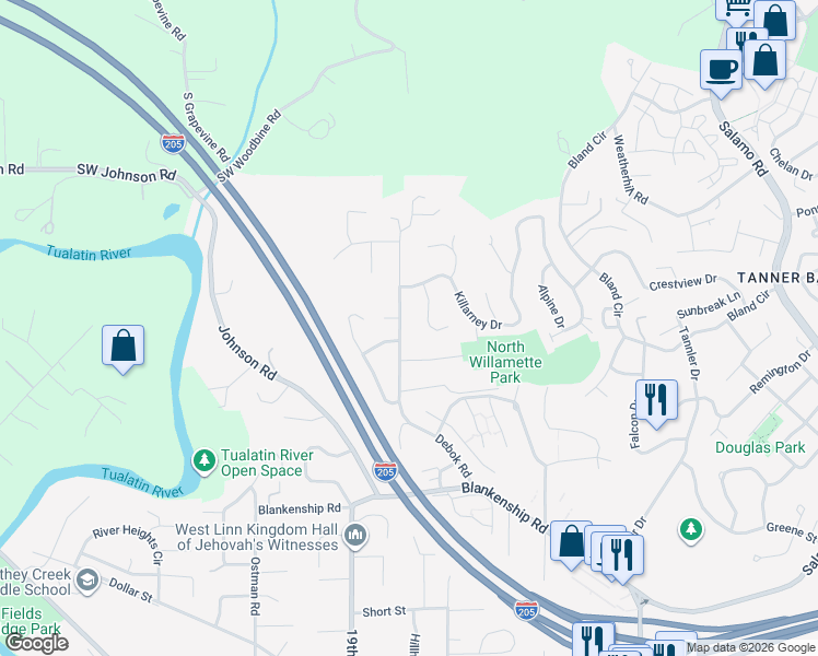 map of restaurants, bars, coffee shops, grocery stores, and more near 2485 Debok Road in West Linn