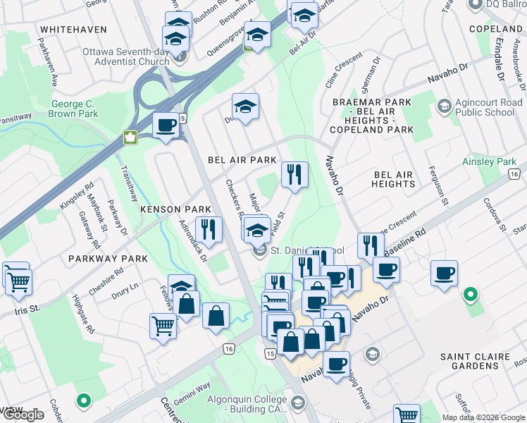 map of restaurants, bars, coffee shops, grocery stores, and more near in Ottawa