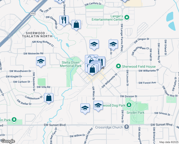 map of restaurants, bars, coffee shops, grocery stores, and more near 16103 Southwest 2nd Street in Sherwood