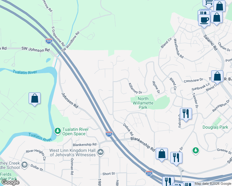 map of restaurants, bars, coffee shops, grocery stores, and more near 2485 Debok Road in West Linn