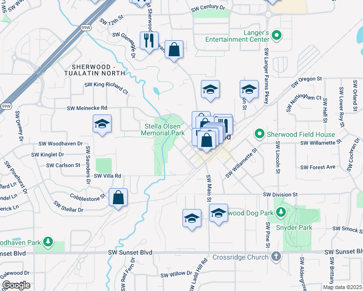 map of restaurants, bars, coffee shops, grocery stores, and more near 16200 Southwest 3rd Street in Sherwood