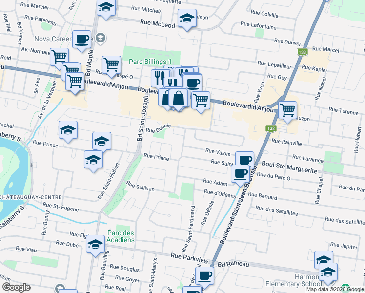 map of restaurants, bars, coffee shops, grocery stores, and more near 45 Rue Sullivan in Châteauguay