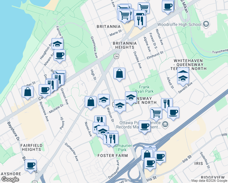 map of restaurants, bars, coffee shops, grocery stores, and more near 874 Pinewood Crescent in Ottawa