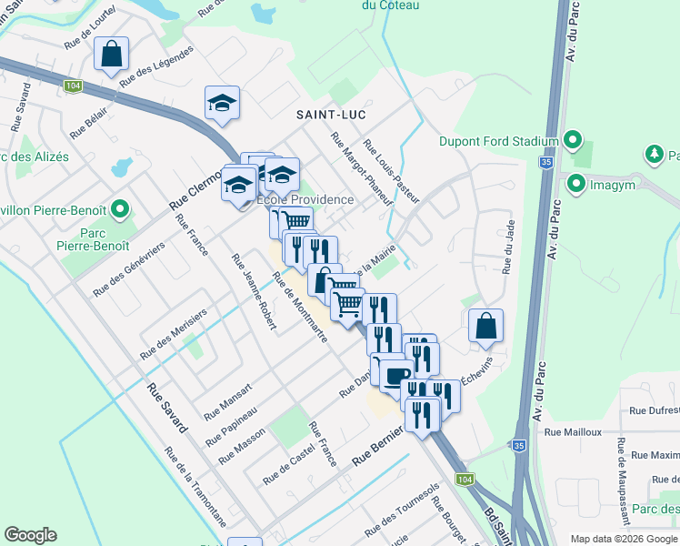 map of restaurants, bars, coffee shops, grocery stores, and more near 295 Boulevard Saint-Luc in Saint-Jean-sur-Richelieu