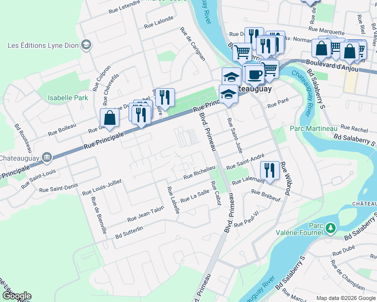 map of restaurants, bars, coffee shops, grocery stores, and more near 11 Carré Richelieu in Châteauguay