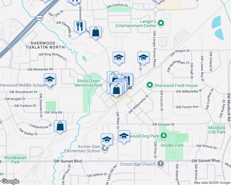 map of restaurants, bars, coffee shops, grocery stores, and more near Southwest Washington Street in Sherwood