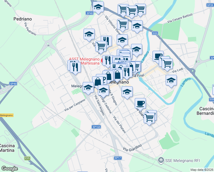 map of restaurants, bars, coffee shops, grocery stores, and more near 19 Piazzale delle Associazioni in Melegnano