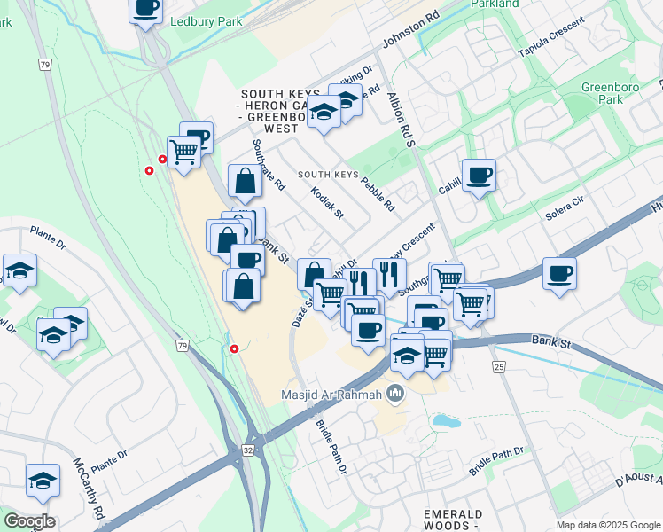 map of restaurants, bars, coffee shops, grocery stores, and more near 1285 Cahill Drive in Ottawa