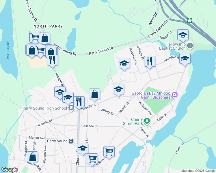 map of restaurants, bars, coffee shops, grocery stores, and more near 10 Hanna Road in Parry Sound