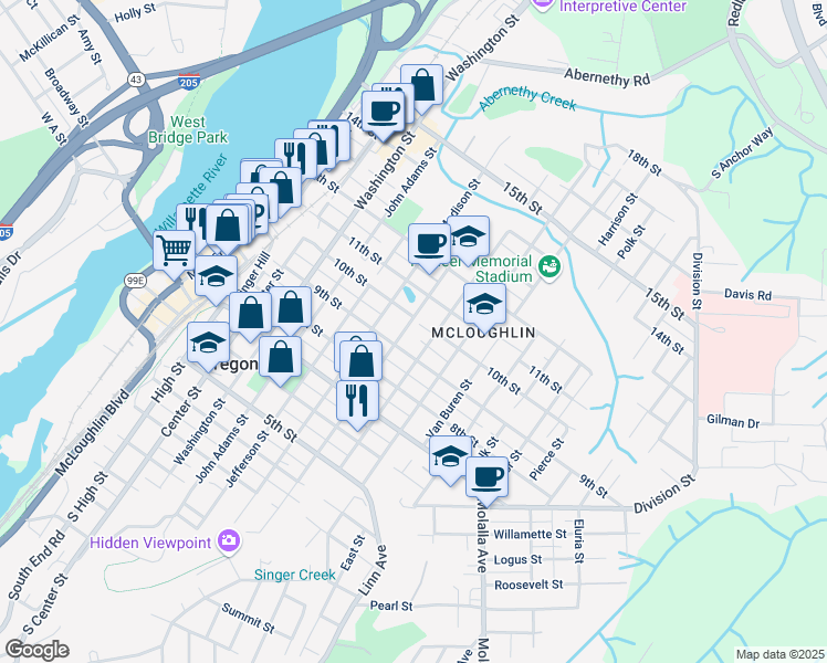 map of restaurants, bars, coffee shops, grocery stores, and more near 916 10th Street in Oregon City