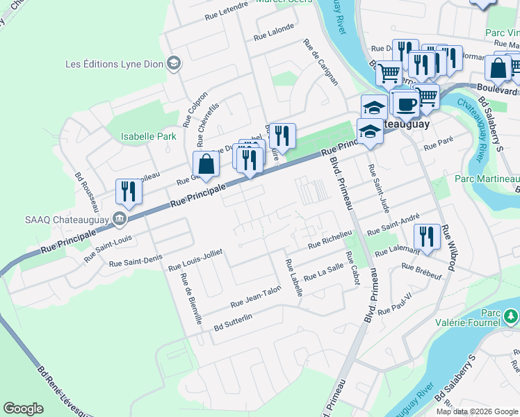 map of restaurants, bars, coffee shops, grocery stores, and more near 160 Rue de la Maçonnerie in Châteauguay
