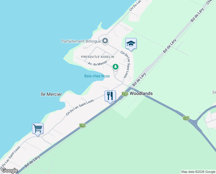 map of restaurants, bars, coffee shops, grocery stores, and more near 631 Chemin du Lac-Saint-Louis in Léry