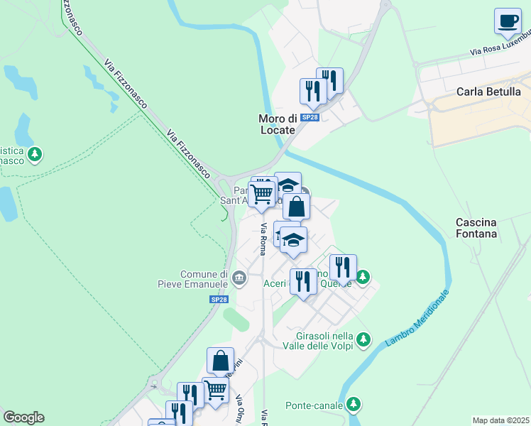 map of restaurants, bars, coffee shops, grocery stores, and more near 11 Via Roma in Pieve Emanuele