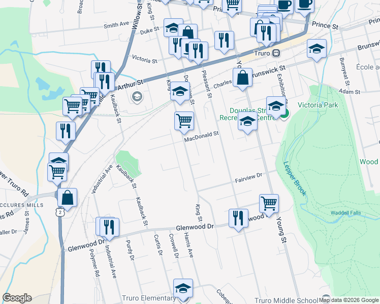 map of restaurants, bars, coffee shops, grocery stores, and more near 68 Macdonald Street in Truro
