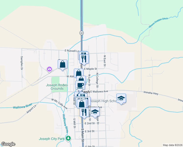 map of restaurants, bars, coffee shops, grocery stores, and more near 502 North Lake Street in Joseph
