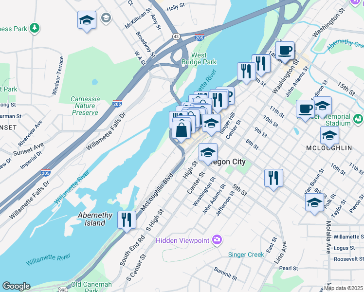 map of restaurants, bars, coffee shops, grocery stores, and more near 507 Main Street in Oregon City