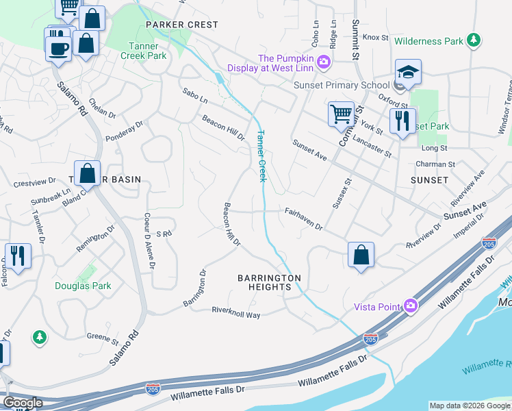 map of restaurants, bars, coffee shops, grocery stores, and more near 3921 North Hampton Court in West Linn