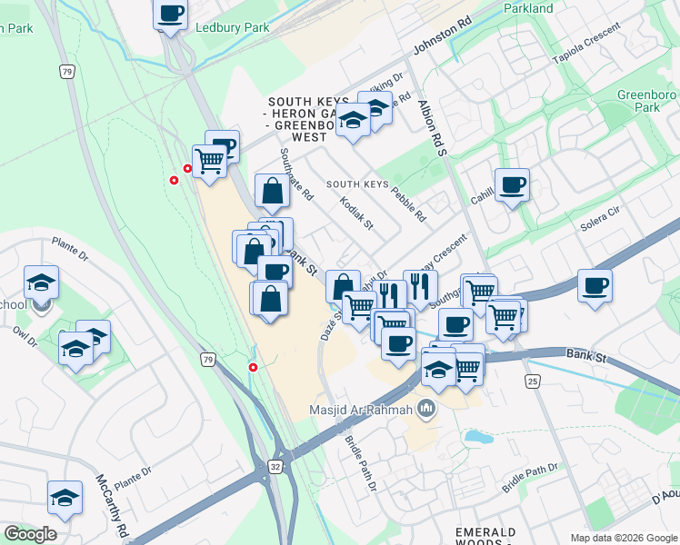 map of restaurants, bars, coffee shops, grocery stores, and more near 3372 Southgate Road in Ottawa