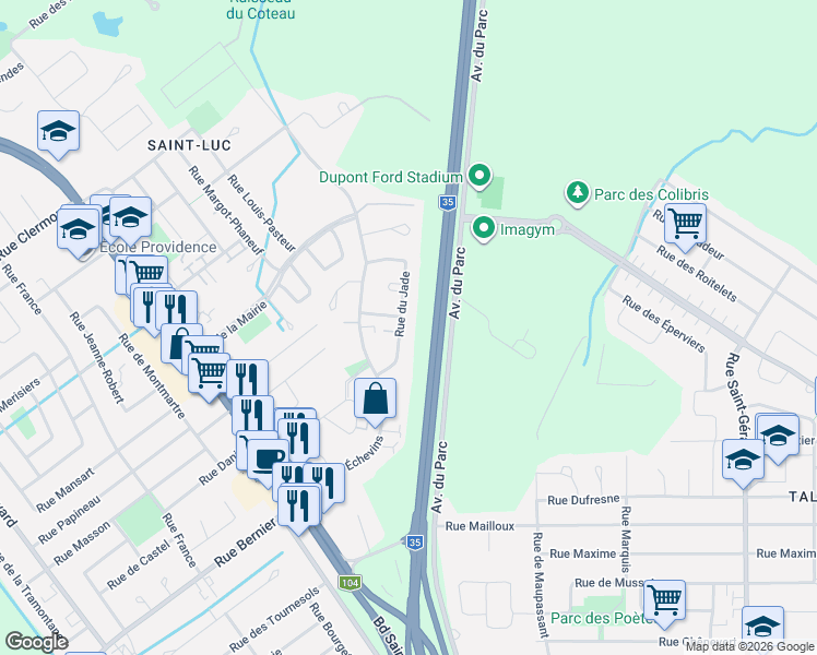 map of restaurants, bars, coffee shops, grocery stores, and more near 45 Rue du Jade in Saint-Jean-sur-Richelieu