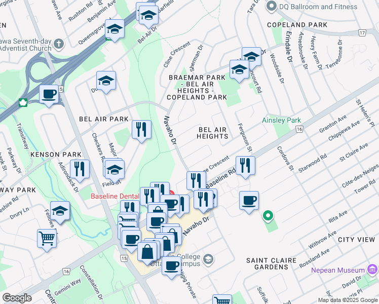 map of restaurants, bars, coffee shops, grocery stores, and more near 1811 Paisley Avenue in Ottawa