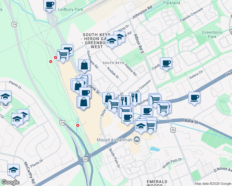 map of restaurants, bars, coffee shops, grocery stores, and more near 1285 Cahill Drive in Ottawa