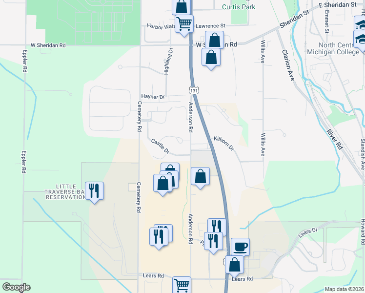 map of restaurants, bars, coffee shops, grocery stores, and more near 1522 Parmenter Court in Petoskey