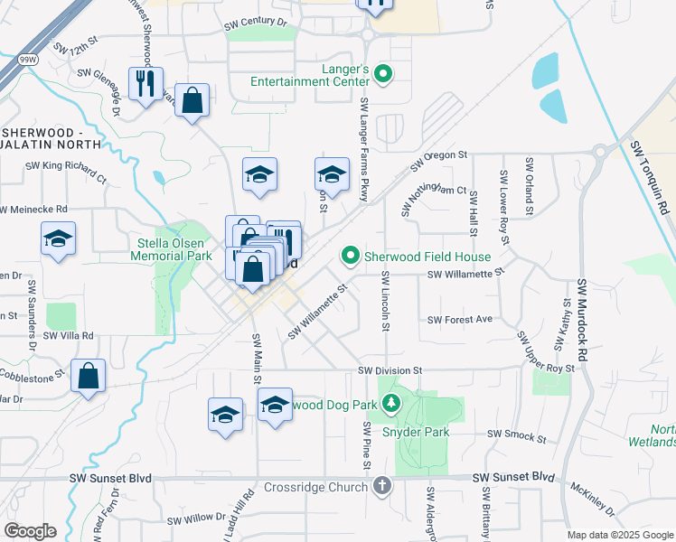 map of restaurants, bars, coffee shops, grocery stores, and more near 22550 Southwest HIghland Drive in Sherwood