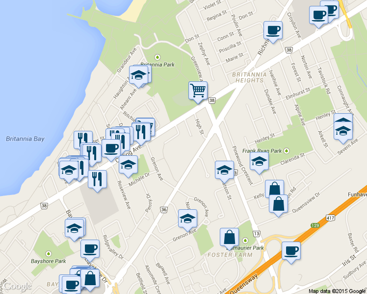 map of restaurants, bars, coffee shops, grocery stores, and more near 2871 Richmond Road in Ottawa