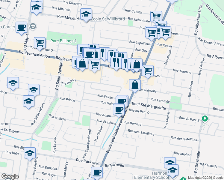 map of restaurants, bars, coffee shops, grocery stores, and more near 282 Rue Dubois in Châteauguay