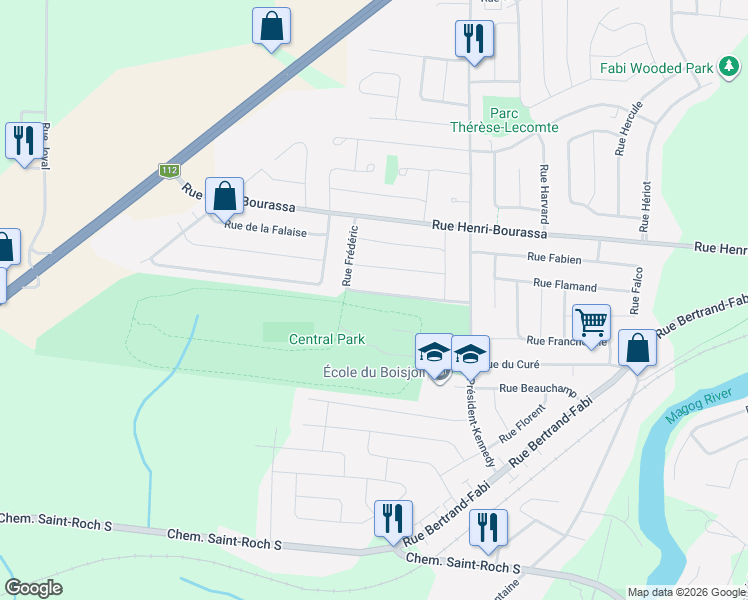 map of restaurants, bars, coffee shops, grocery stores, and more near 1032 Rue Frédéric in Sherbrooke