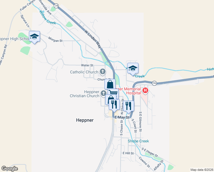 map of restaurants, bars, coffee shops, grocery stores, and more near in Heppner