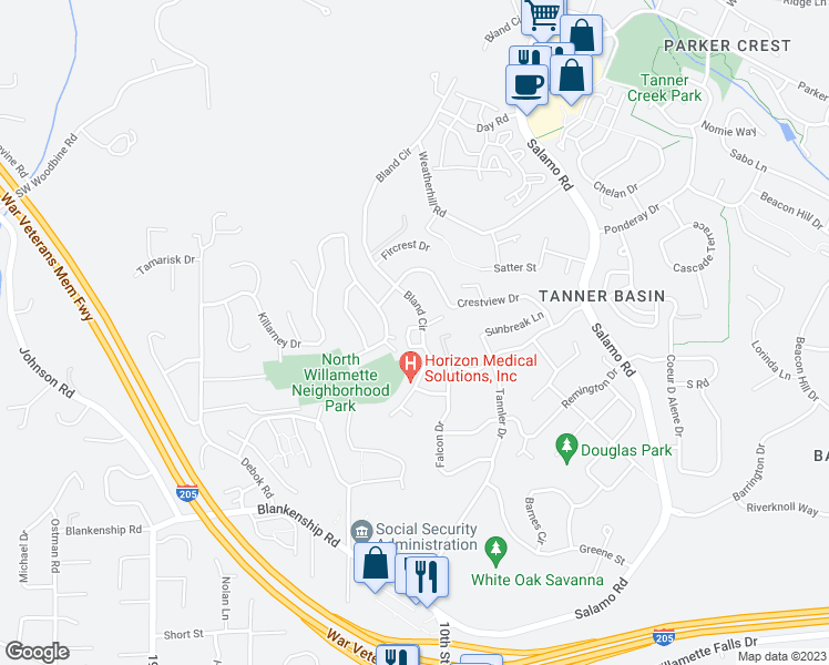 map of restaurants, bars, coffee shops, grocery stores, and more near 2219 Saint Moritz Loop in West Linn