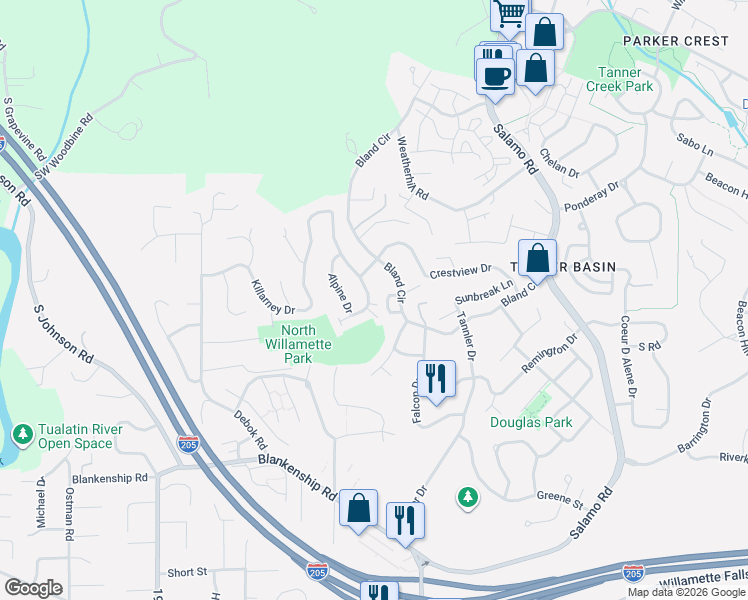map of restaurants, bars, coffee shops, grocery stores, and more near 2212 Lucerne Place in West Linn