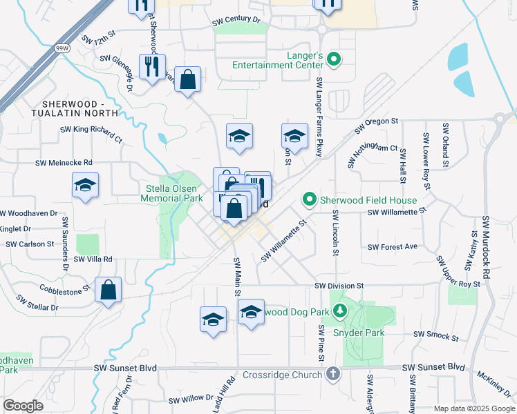 map of restaurants, bars, coffee shops, grocery stores, and more near 22560 Southwest Pine Street in Sherwood