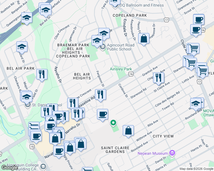 map of restaurants, bars, coffee shops, grocery stores, and more near 1712 Gage Crescent in Ottawa