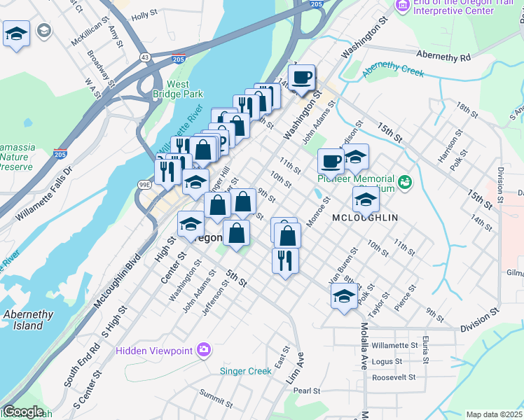 map of restaurants, bars, coffee shops, grocery stores, and more near 812 John Adams Street in Oregon City