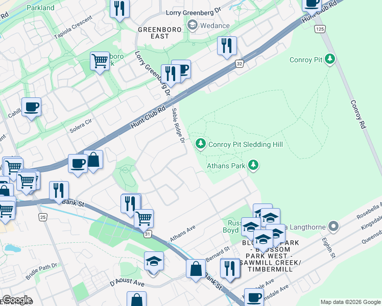 map of restaurants, bars, coffee shops, grocery stores, and more near 2939 Sable Ridge Drive in Ottawa